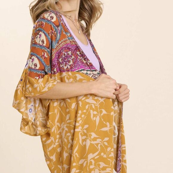 Umgee Boho Mixed Print Kimono Cardigan Paisley & Floral Gold Light Layer S M L - Picture 2 of 8